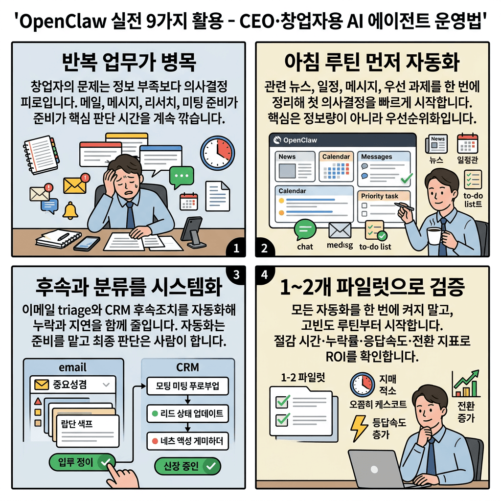 9 OpenClaw Use Cases Nobody Is Talking About의 핵심 내용을 4단계로 요약한 인포그래픽