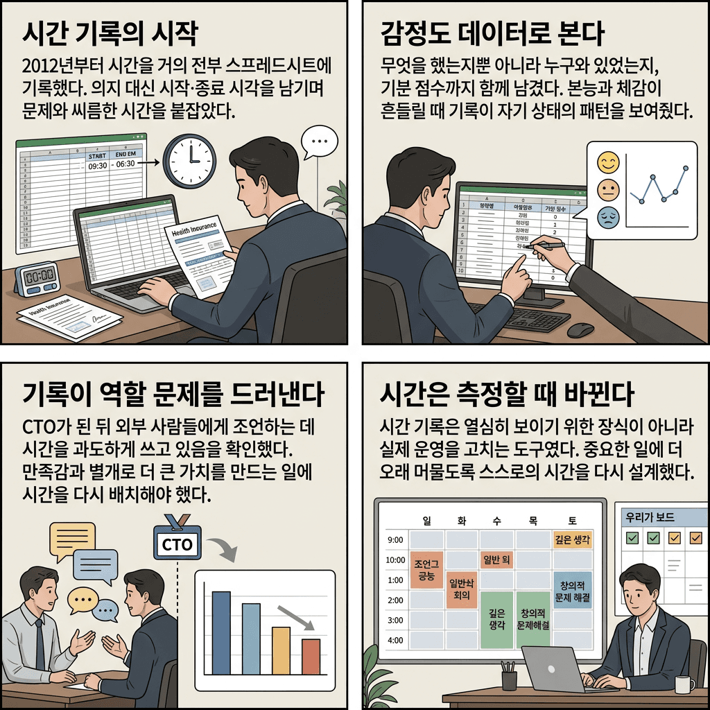 5조 회사 창업자의 "시간 쓰는 법\의 핵심 내용을 4단계로 요약한 인포그래픽