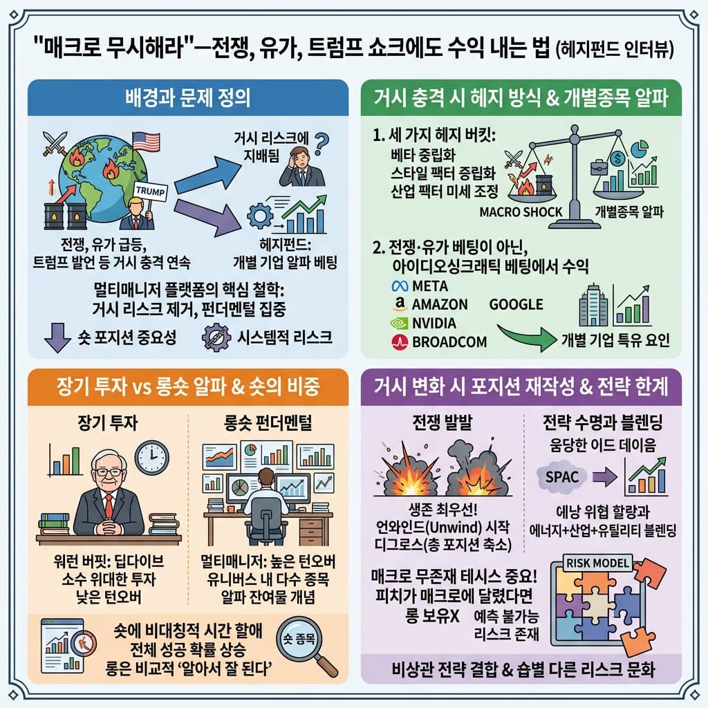매크로 무시해라"—전쟁, 유가, 트럼프 쇼크에도 수익 내는 법 (헤지펀드 인터뷰)의 핵심 내용을 4단계로 요약한 인포그래픽