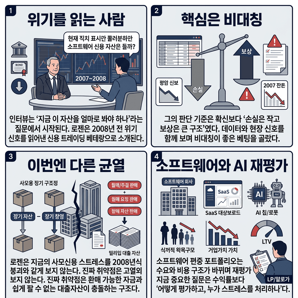 Private Credit Is Cracking — A Wall Street Veteran Who Called 2008 Explains All의 핵심 내용을 4단계로 요약한 인포그래픽