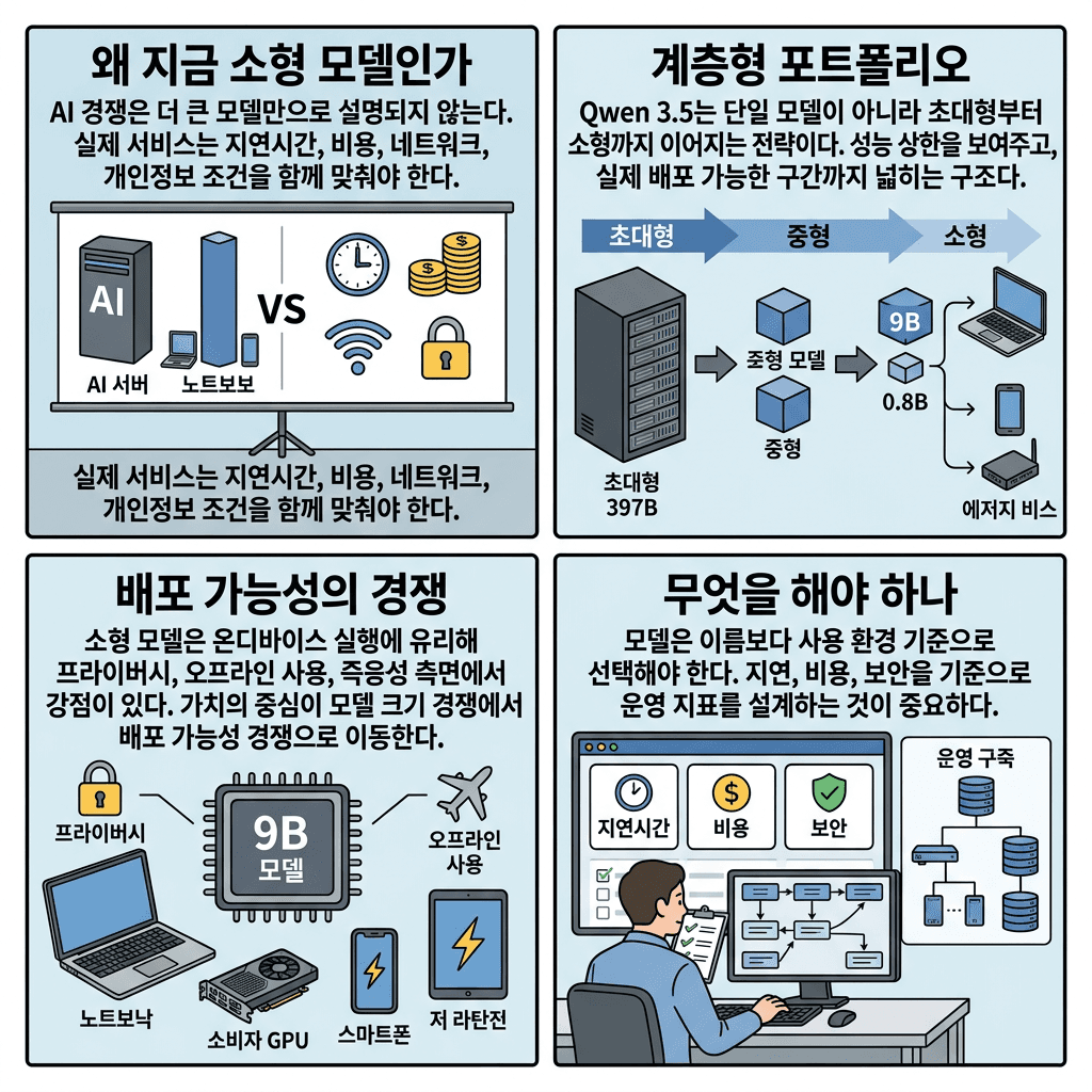 Qwen 3.5 Small explained..의 핵심 내용을 4단계로 요약한 인포그래픽