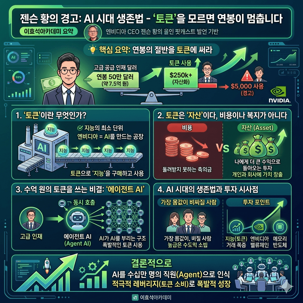 젠슨황이 경고한 AI 시대 생존법 - 토큰을 모르면 연봉이 멈춥니다의 핵심 내용을 4단계로 요약한 인포그래픽