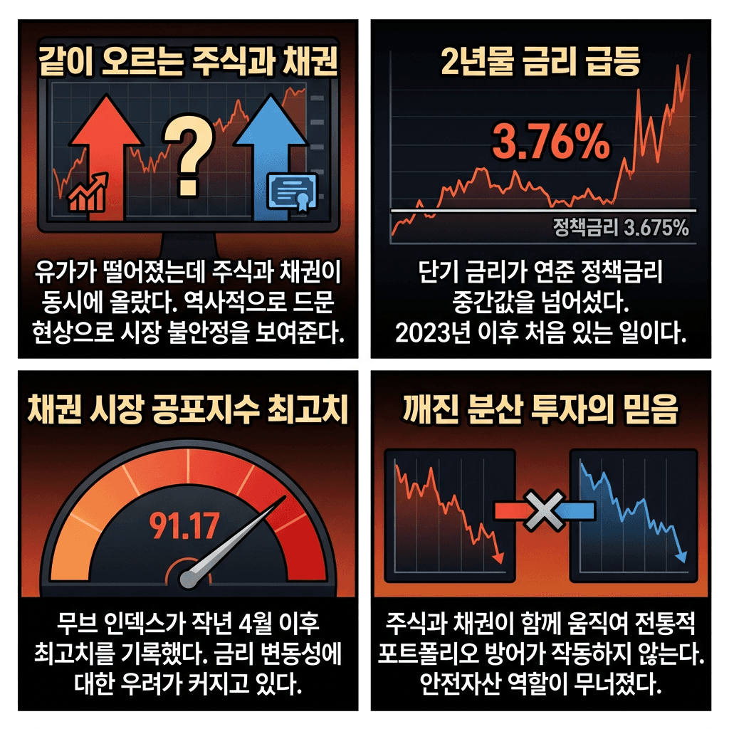 주식·국채의 불안한 동행..증시보다 무서운 금리시장 공포지수의 핵심 내용을 4단계로 요약한 인포그래픽