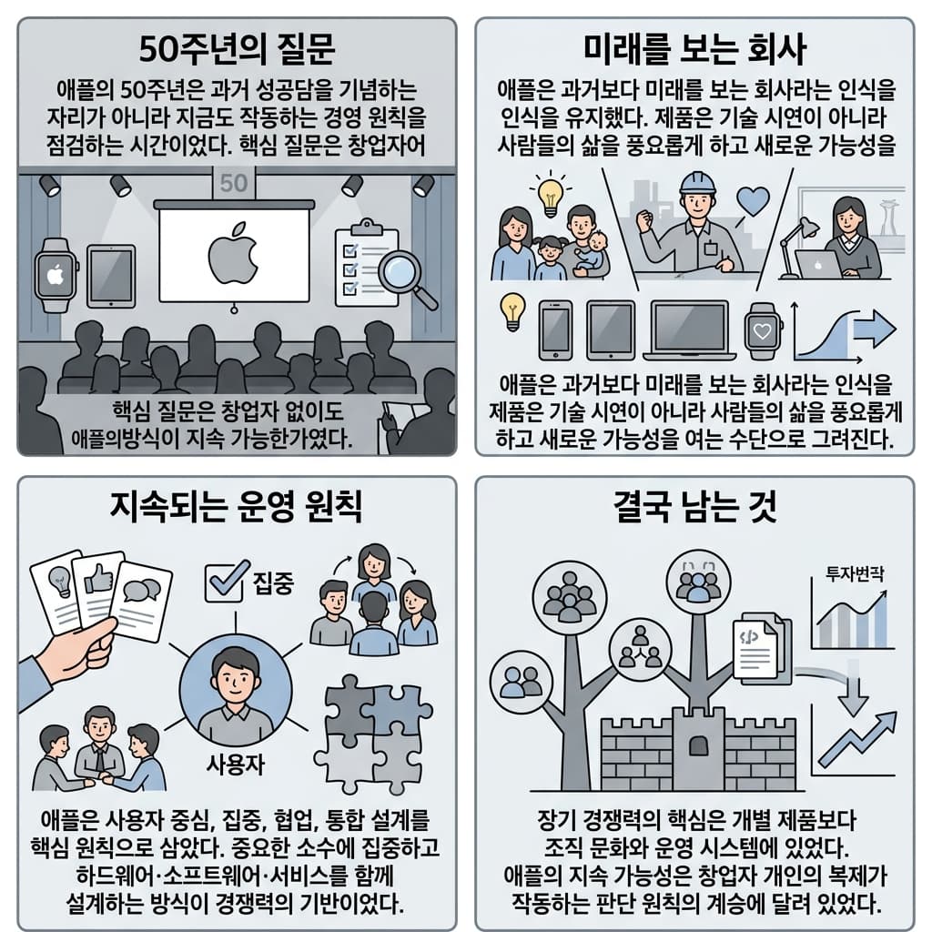 애플은 앞으로도 잘 될거야" (팀 쿡)의 핵심 내용을 4단계로 요약한 인포그래픽