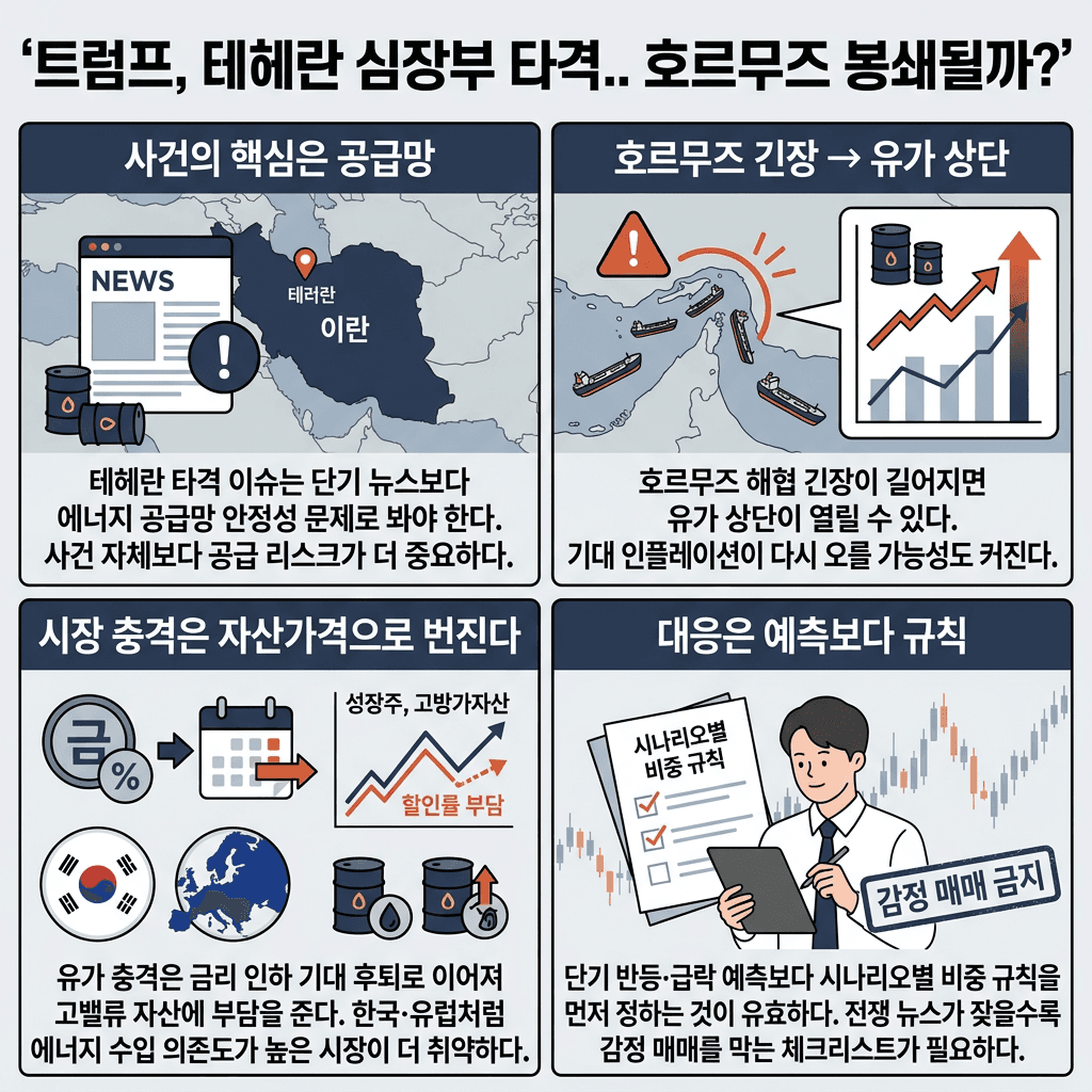 트럼프, 테헤란 심장부 타격.. 호르무즈 봉쇄될까? (박종훈의 지식한방)의 핵심 내용을 4단계로 요약한 인포그래픽