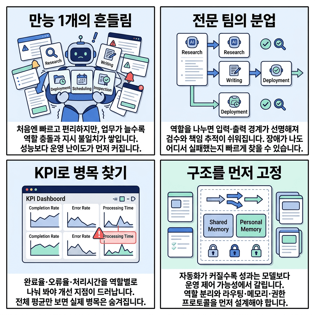 Why Specialized Agents are Superior (How I Built an OpenClaw Superteam)의 핵심 내용을 4단계로 요약한 인포그래픽