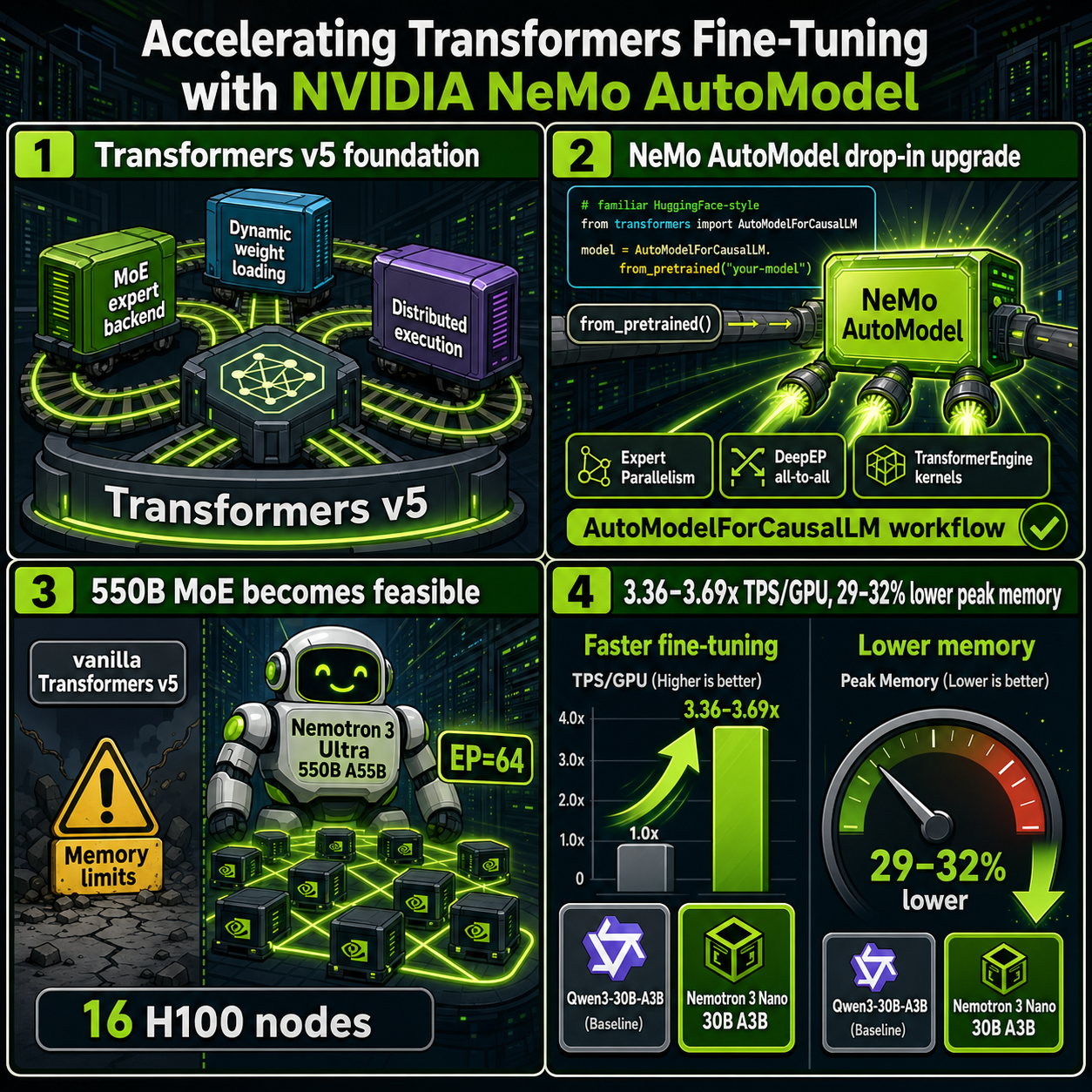 Accelerating Transformers Fine-Tuning with NVIDIA NeMo AutoModel 내용을 설명하는 본문 이미지