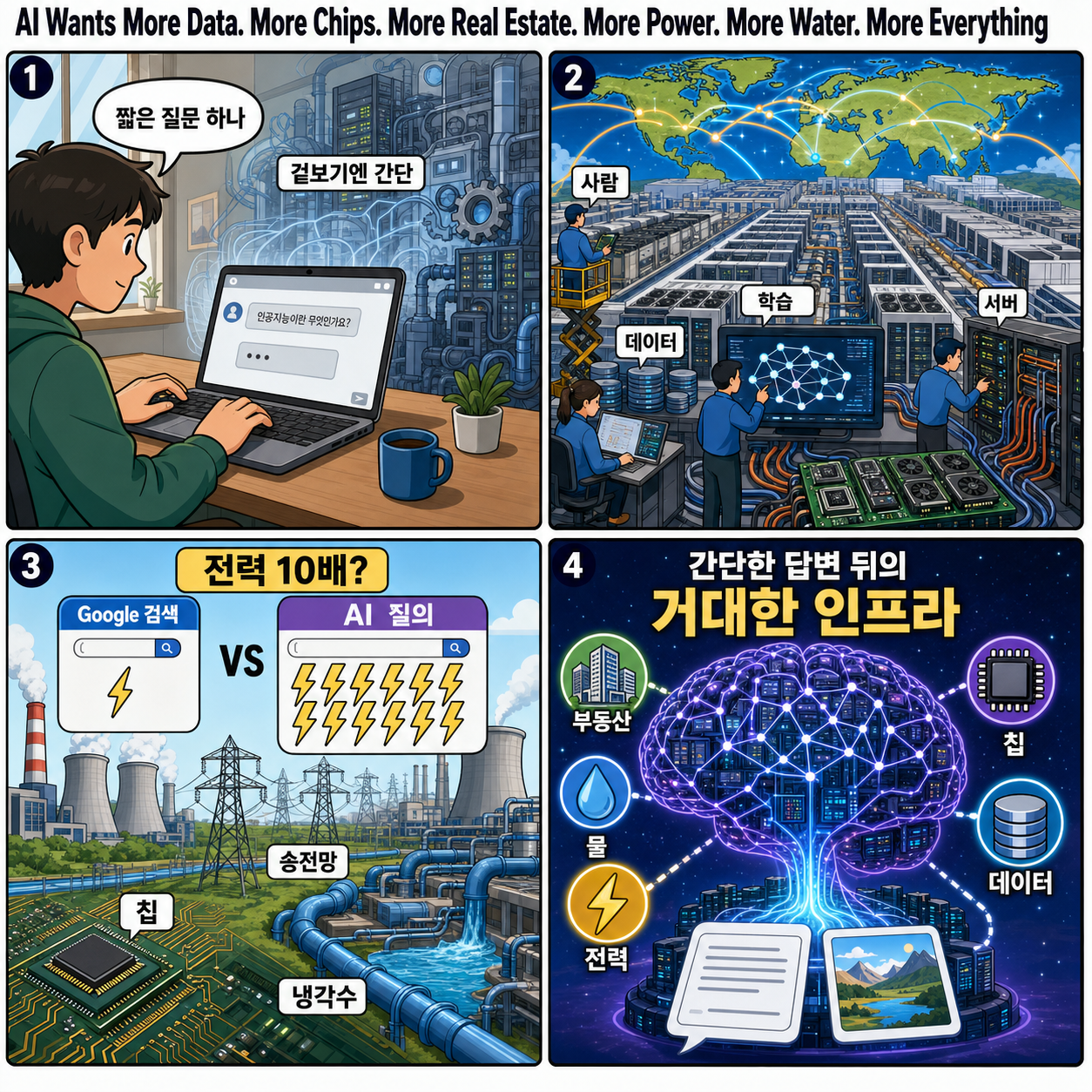 AI Wants More Data. More Chips. More Real Estate. More Power. More Water. More Everything 내용을 설명하는 본문 이미지