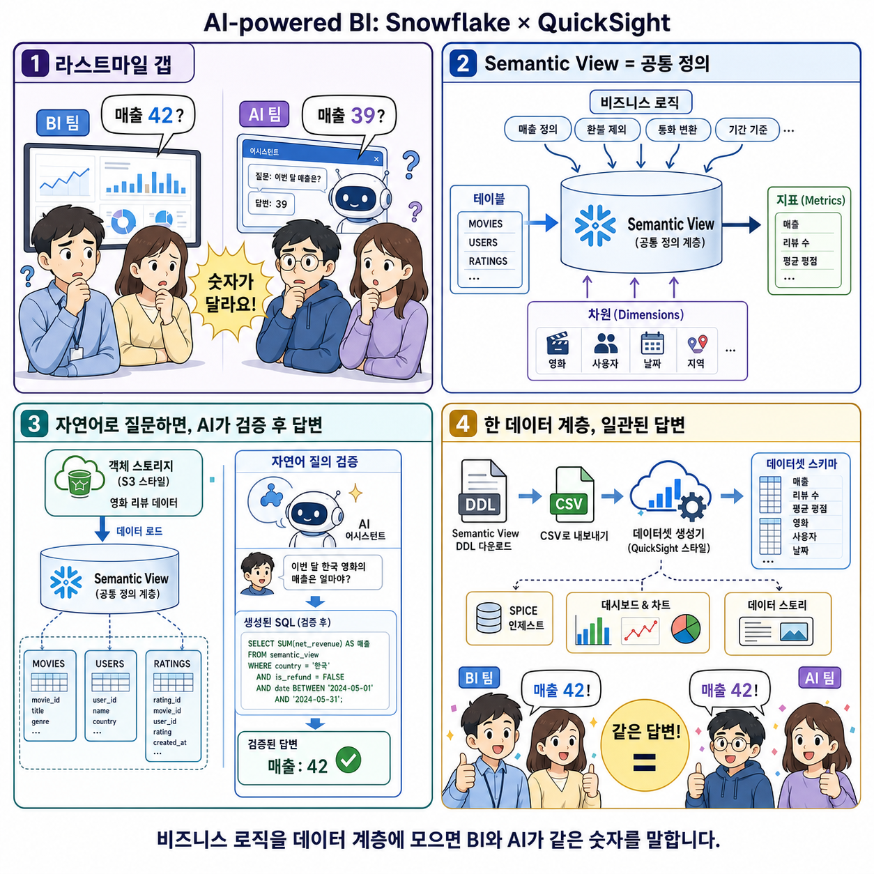 AI-powered BI with Snowflake and Amazon Quick 내용을 설명하는 본문 이미지