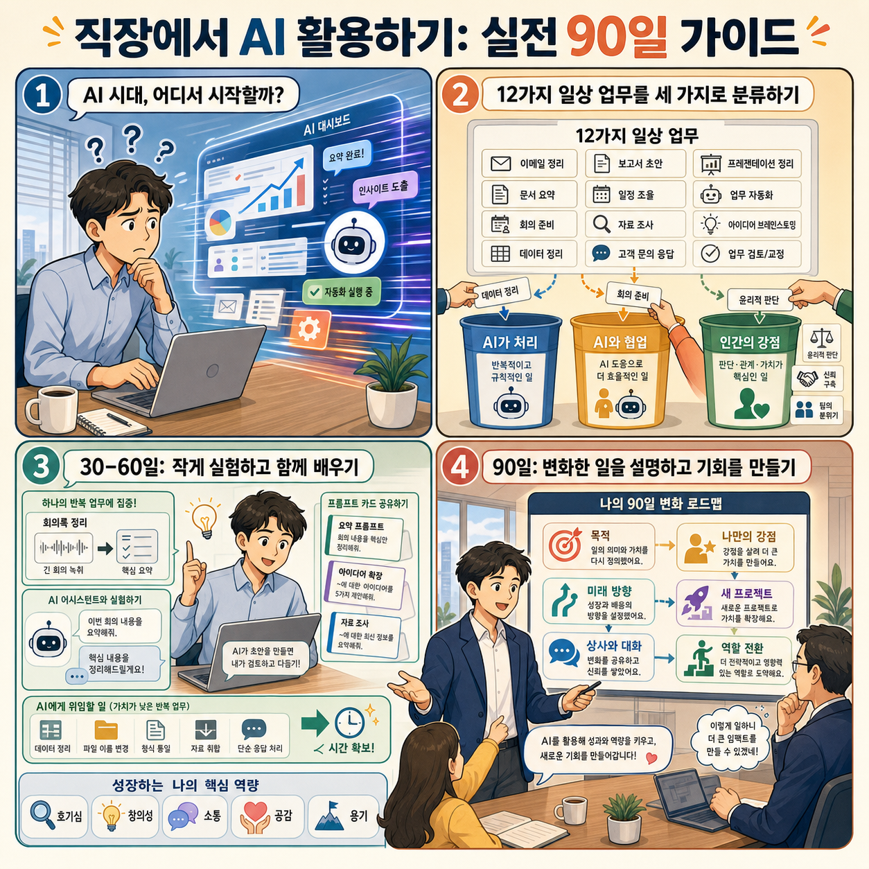 Using AI at work: A practical 90-day guide 내용을 설명하는 본문 이미지