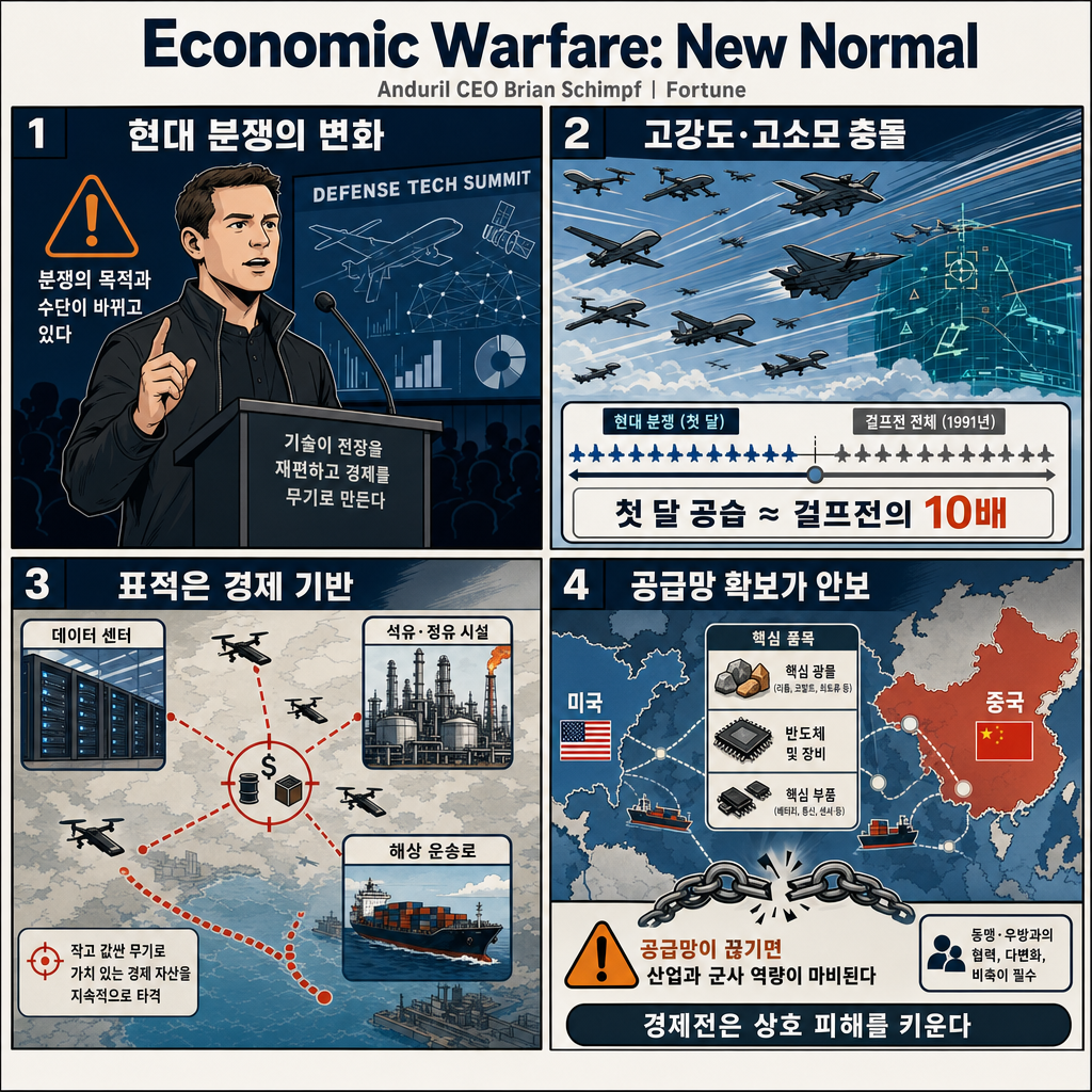 Anduril CEO Brian Schimpf says economic warfare is the 'new normal' for military conflicts—and the U.S. needs to get serious 내용을 설명하는 본문 이미지