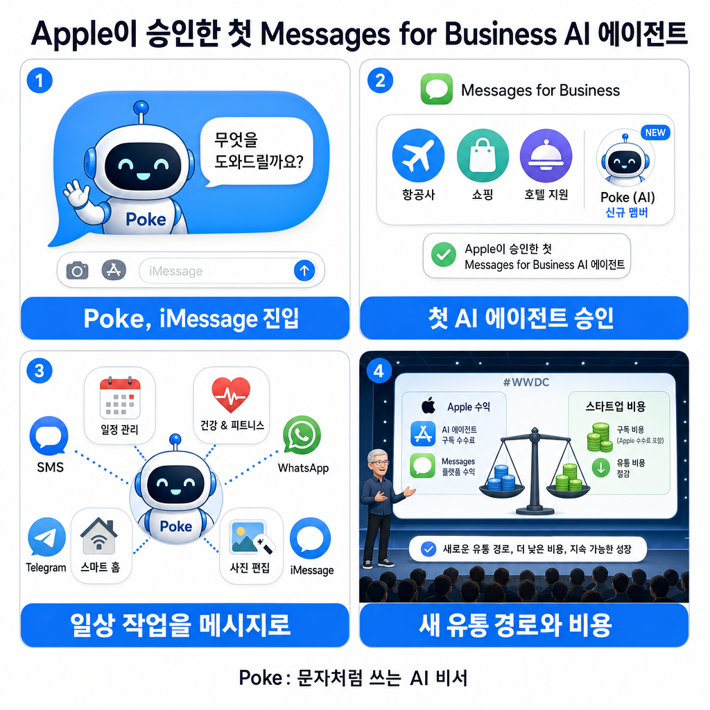 Apple approves Poke as the first AI agent on its Messages for Business platform 내용을 설명하는 본문 이미지