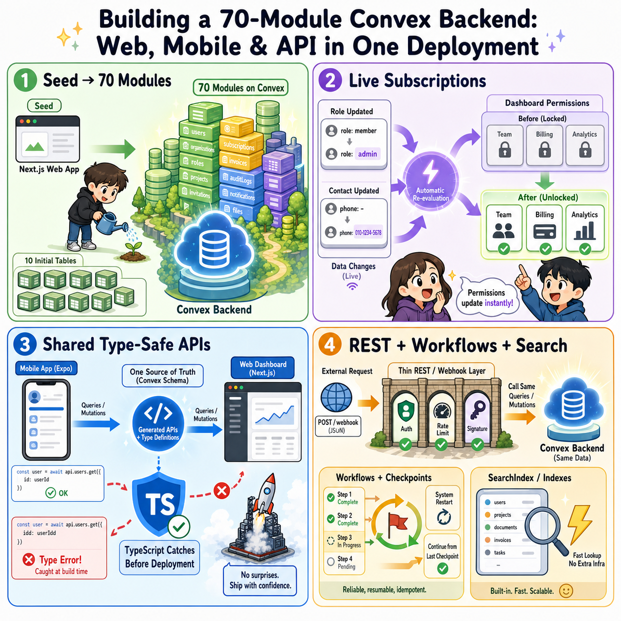 Building a 70-Module Convex Backend: Web, Mobile & API in One Deployment 내용을 설명하는 본문 이미지