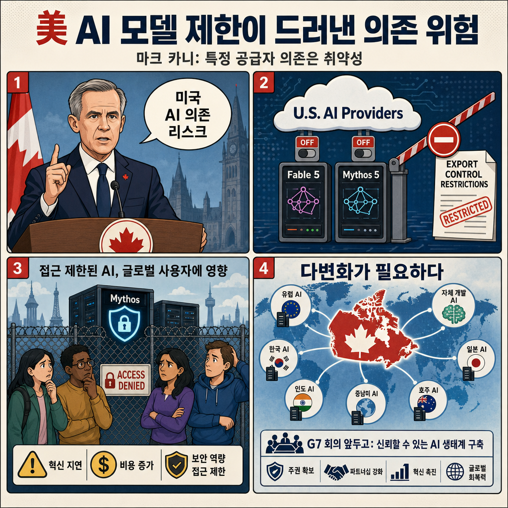 Canadian Prime Minister Mark Carney warns U.S. restrictions on new Anthropic AI models show danger of relying too much on American providers 내용을 설명하는 본문 이미지