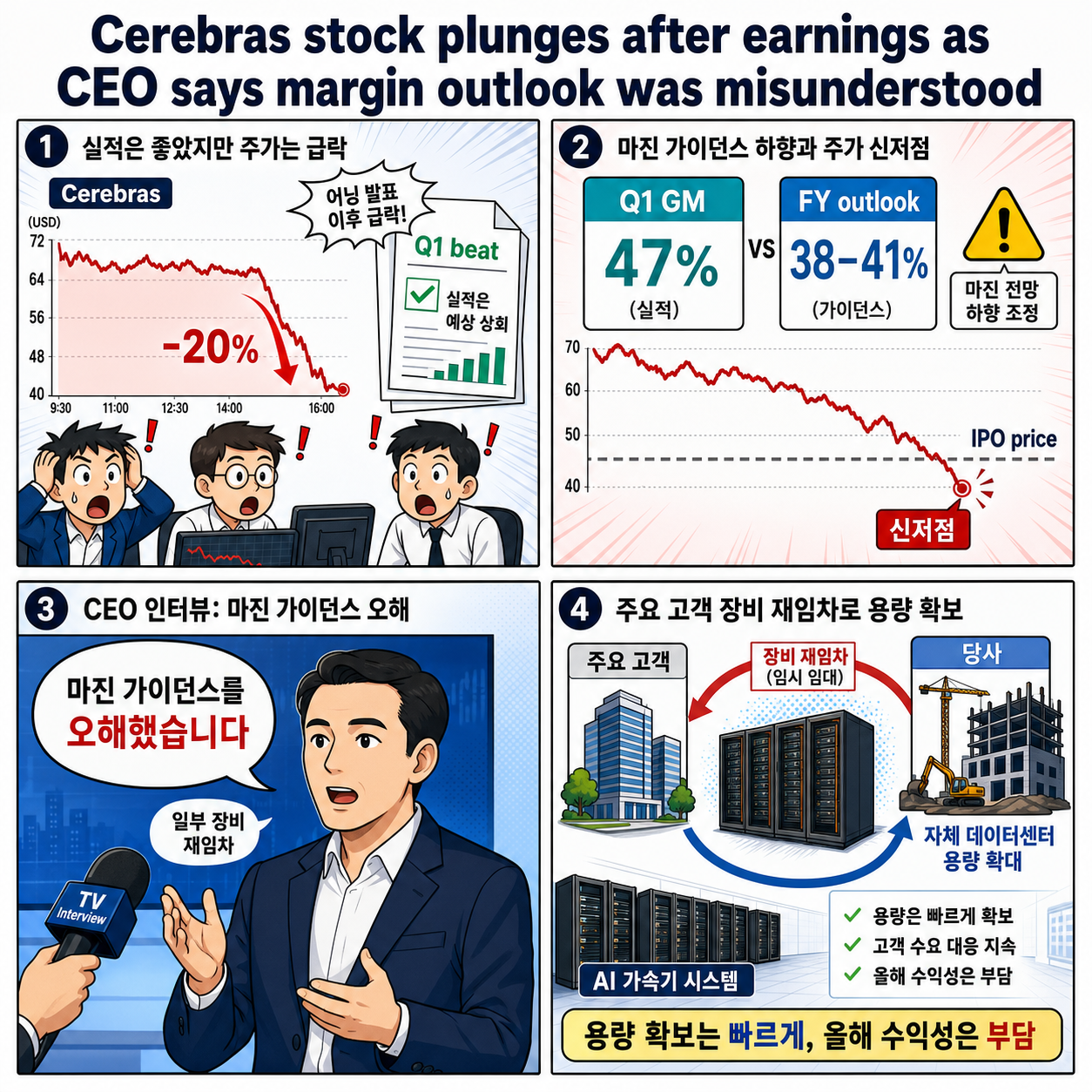 Cerebras stock plunges after earnings as CEO says margin outlook was misunderstood 내용을 설명하는 본문 이미지