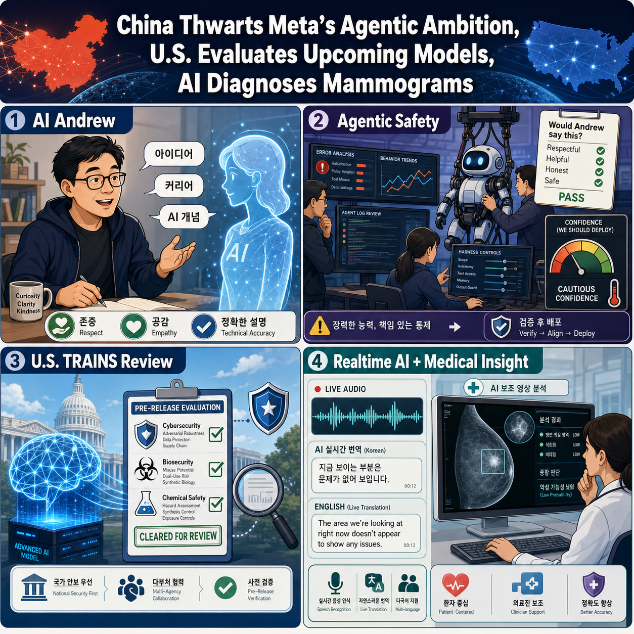 China Thwarts Meta’s Agentic Ambition, U.S. Evaluates Upcoming Models, AI Diagnoses Mammograms 내용을 설명하는 본문 이미지