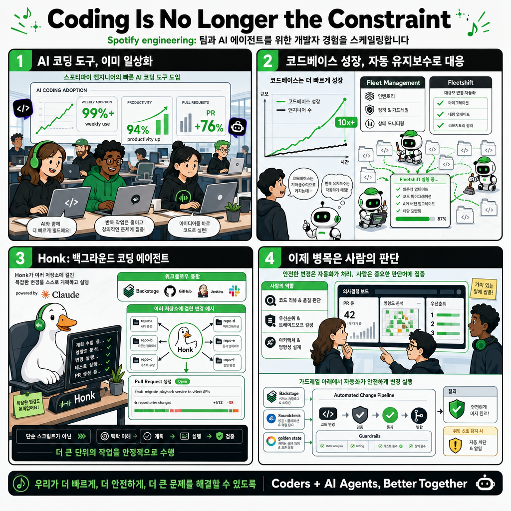 Coding Is No Longer the Constraint: Scaling Developer Experience to Teams and Agents at Spotify 내용을 설명하는 본문 이미지