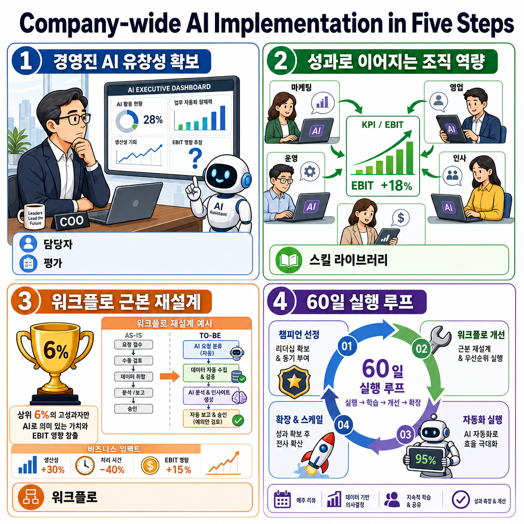 Company-wide AI Implementation in Five Steps 내용을 설명하는 본문 이미지
