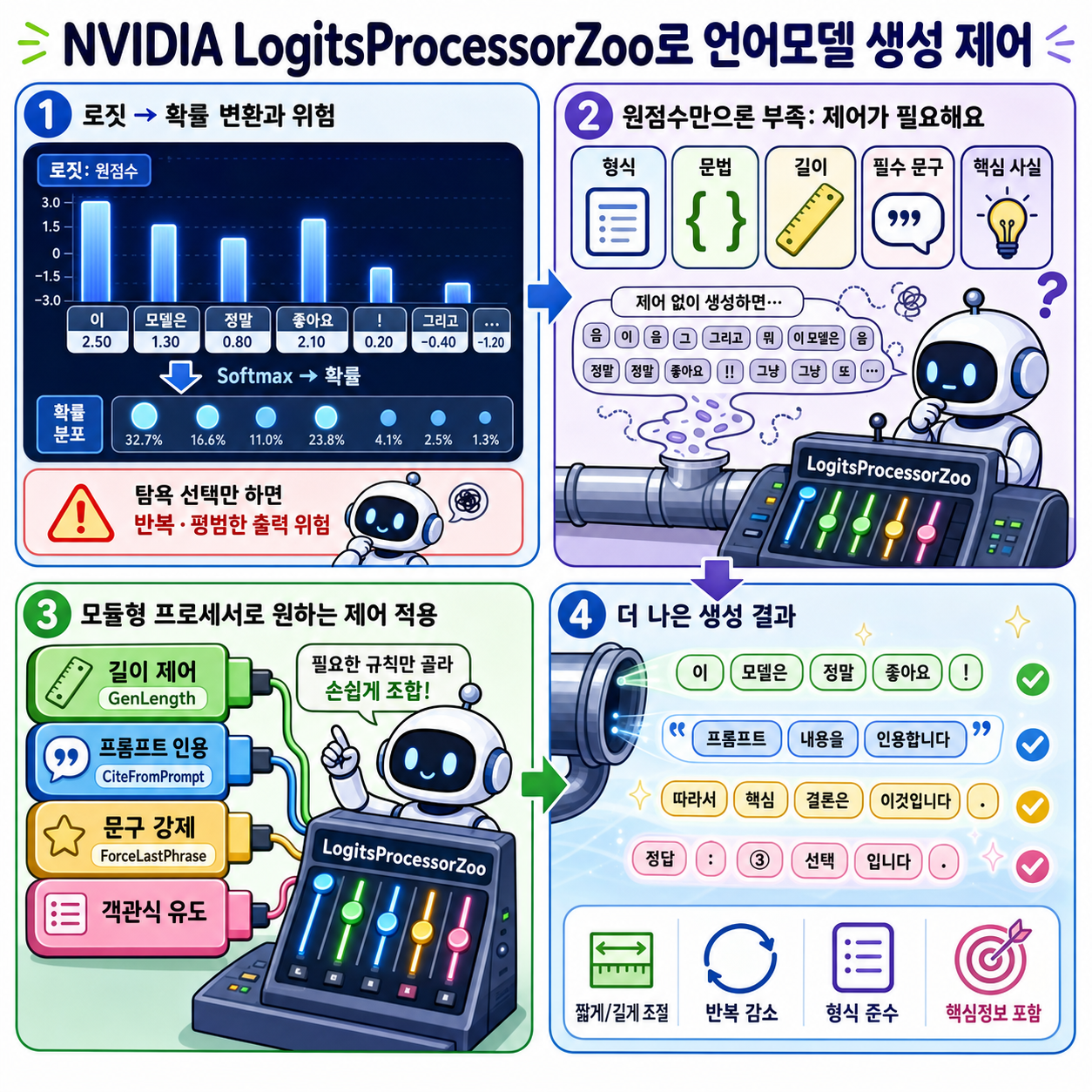 Controlling Language Model Generation with NVIDIA's LogitsProcessorZoo 내용을 설명하는 본문 이미지