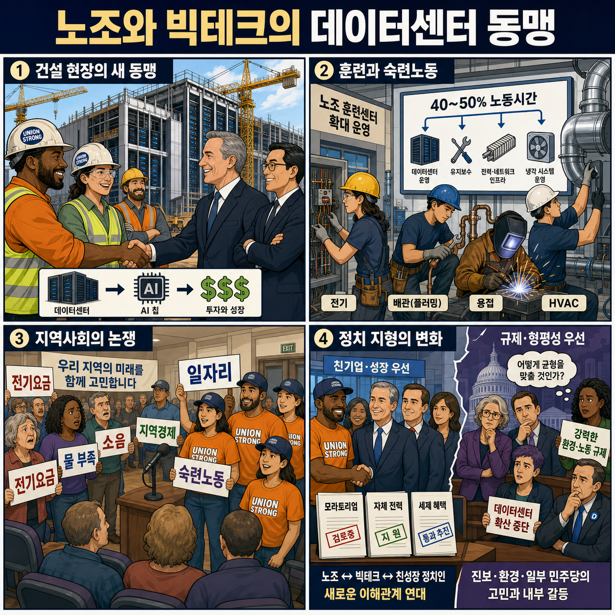 Unionized workers form alliance with rich tech giants on AI data centers, pushing back on local opposition and redrawing political lines 내용을 설명하는 본문 이미지