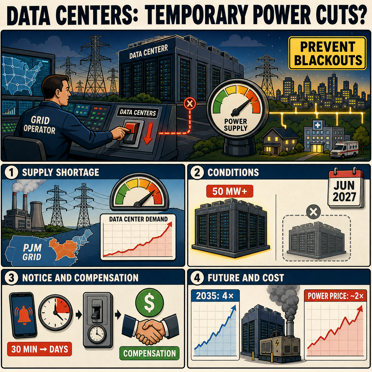 Data centers may face temporary power cuts to prevent blackouts on largest US grid 내용을 설명하는 본문 이미지