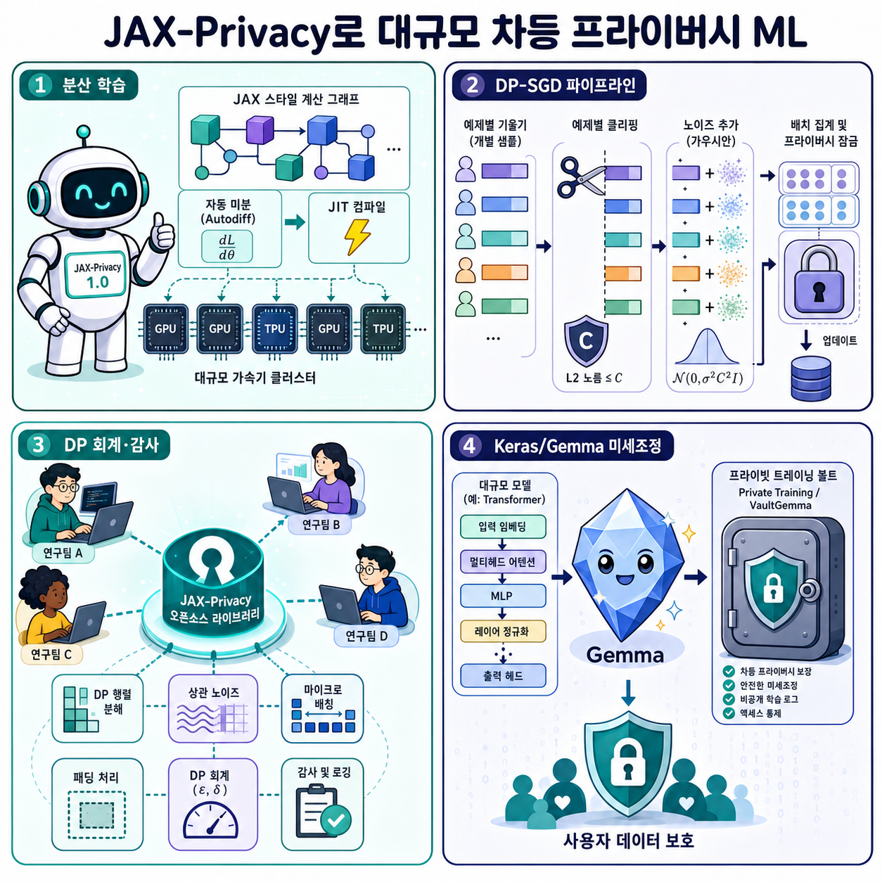 Differentially private machine learning at scale with JAX-Privacy 내용을 설명하는 본문 이미지