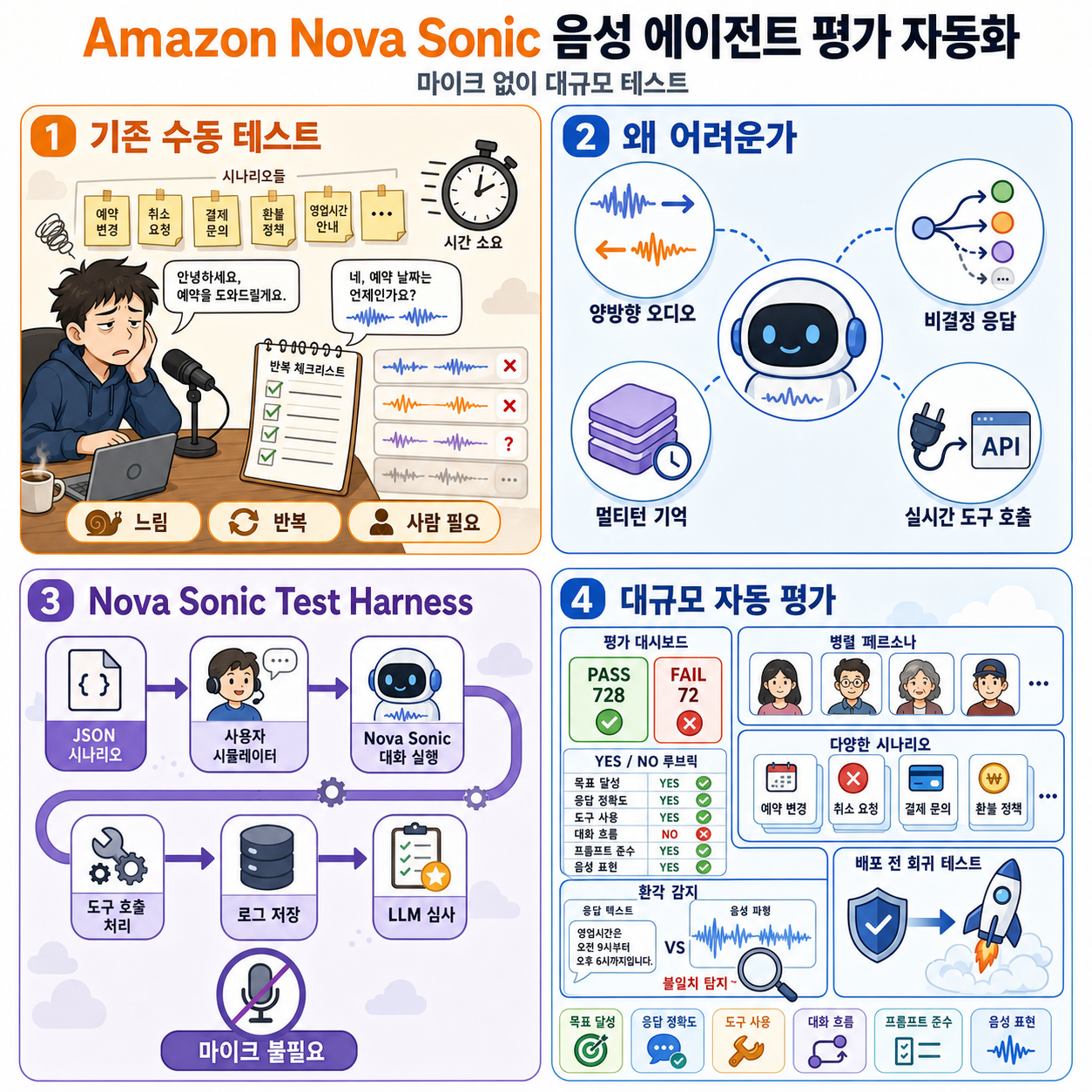 Evaluate your Amazon Nova Sonic voice agent at scale, no microphone required 내용을 설명하는 본문 이미지