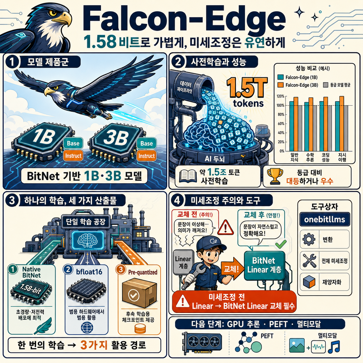 Falcon-Edge: A series of powerful, universal, fine-tunable 1.58bit language models. 내용을 설명하는 본문 이미지