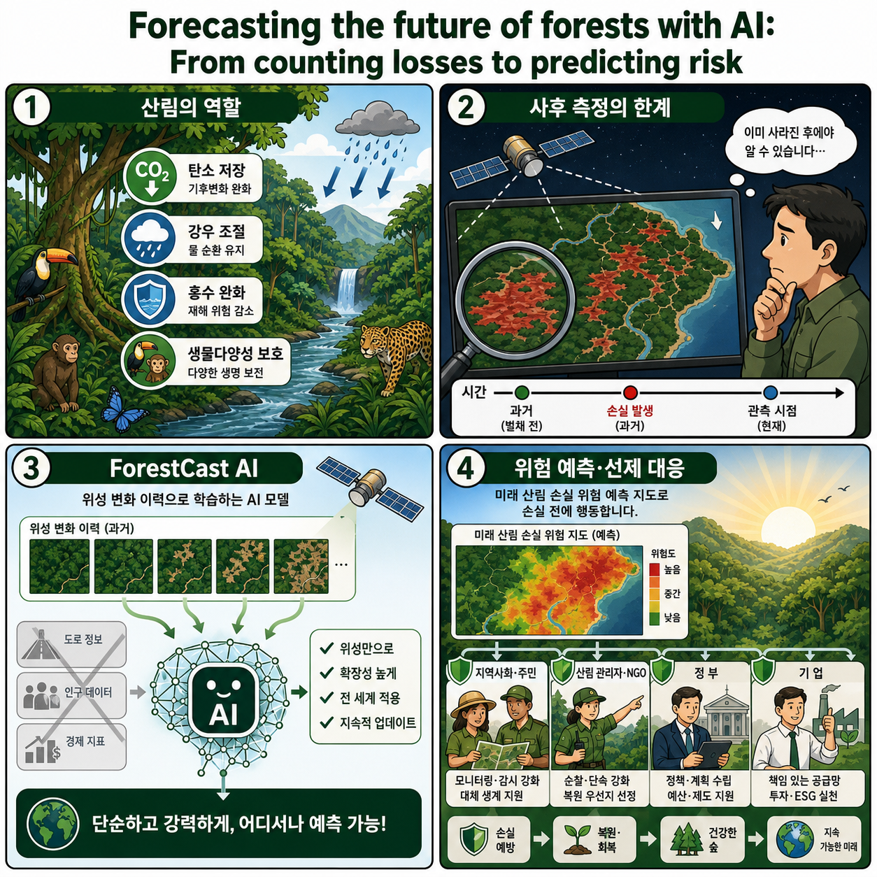 Forecasting the future of forests with AI: From counting losses to predicting risk 내용을 설명하는 본문 이미지