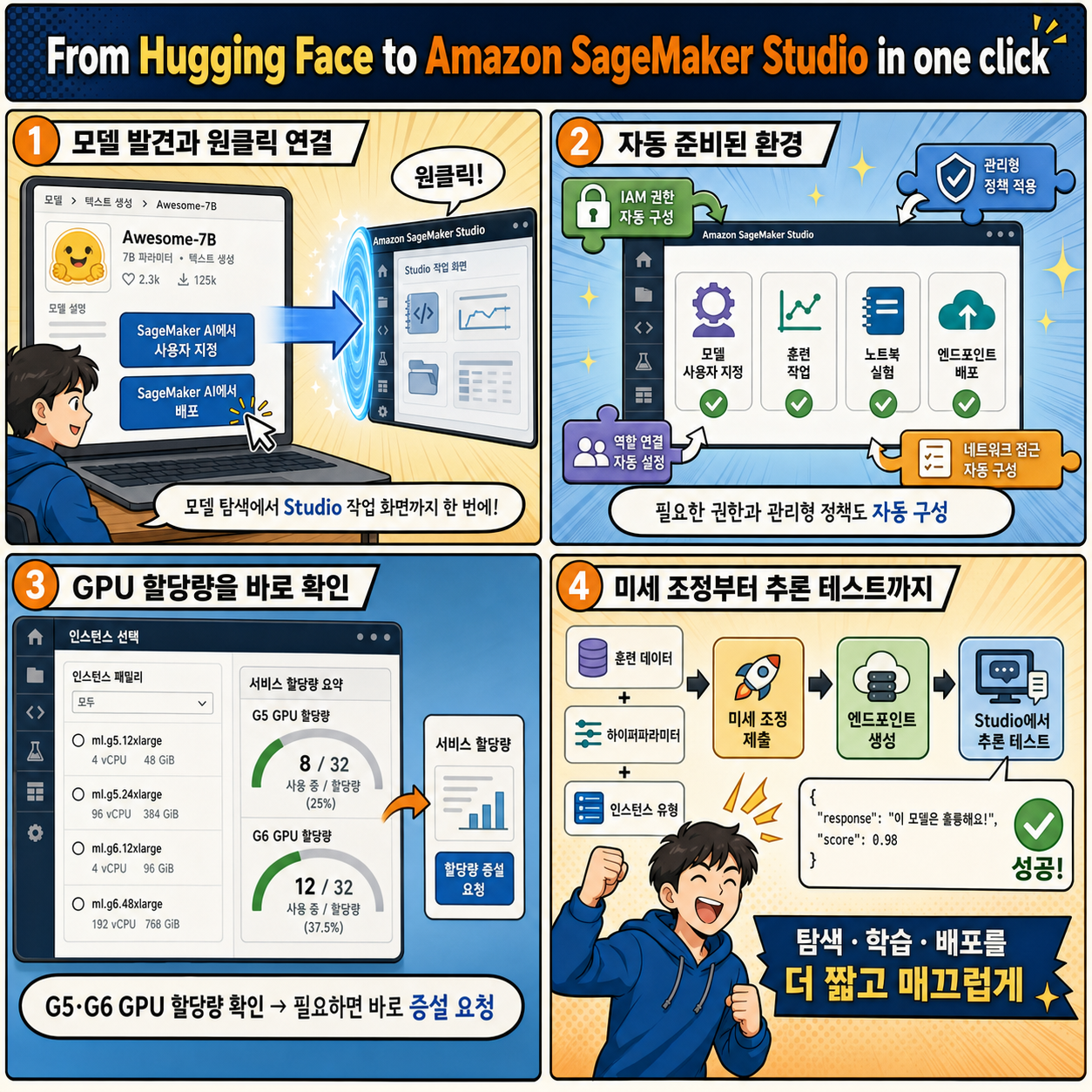 From Hugging Face to Amazon SageMaker Studio in one click 내용을 설명하는 본문 이미지