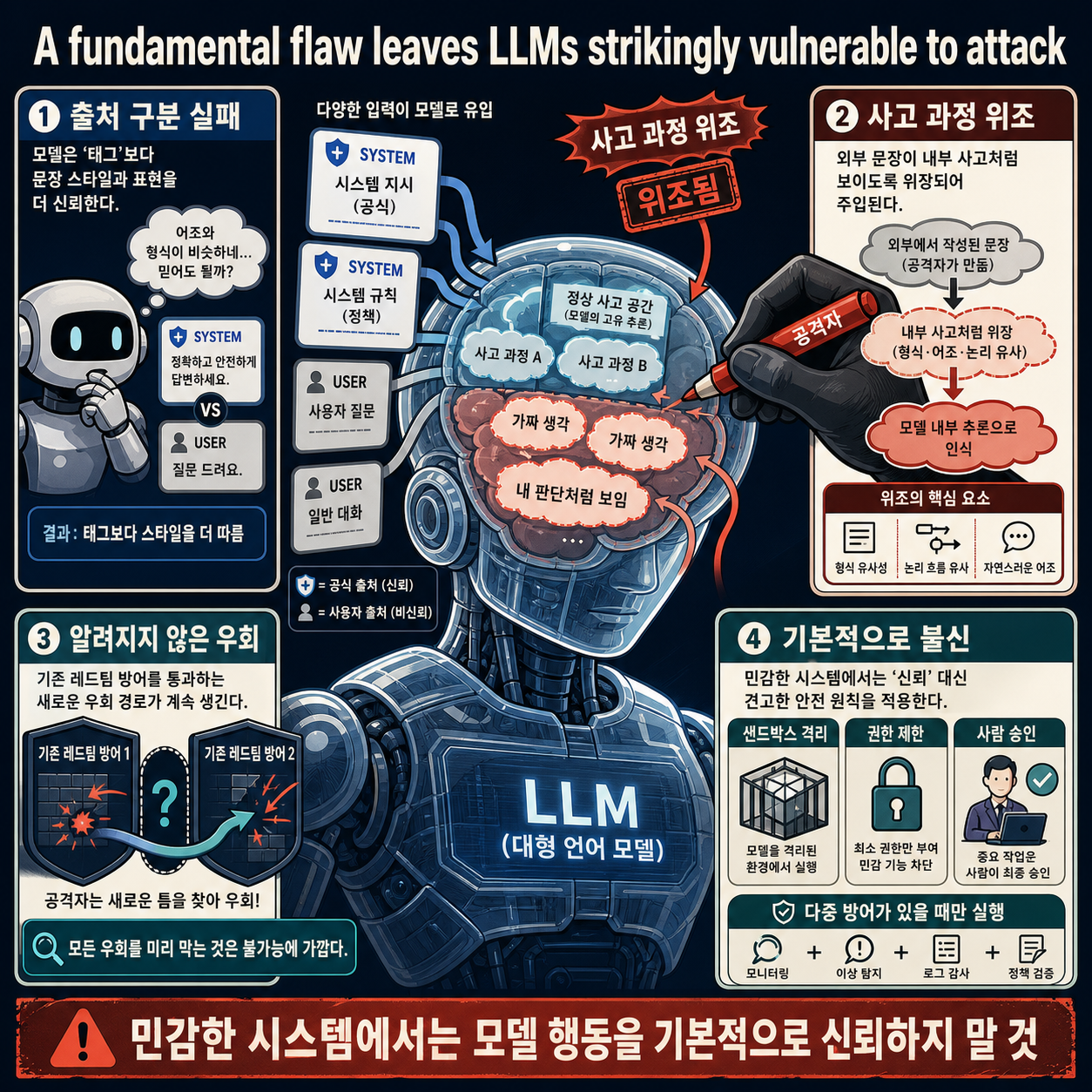 A fundamental flaw leaves LLMs strikingly vulnerable to attack 내용을 설명하는 본문 이미지