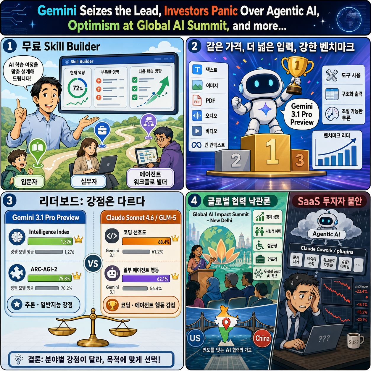 Gemini Seizes the Lead, Investors Panic Over Agentic AI, Optimism at Global AI Summit, and more... 내용을 설명하는 본문 이미지