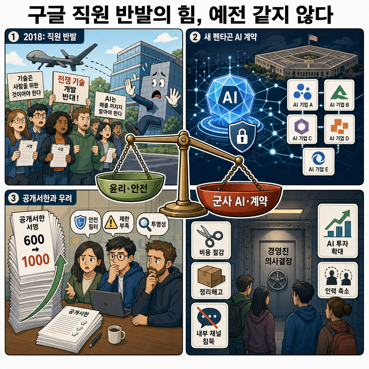 Employee revolt once forced Google to back off on military contracts. But, in the wake of a new Pentagon AI contract, their leverage appears limited 내용을 설명하는 본문 이미지