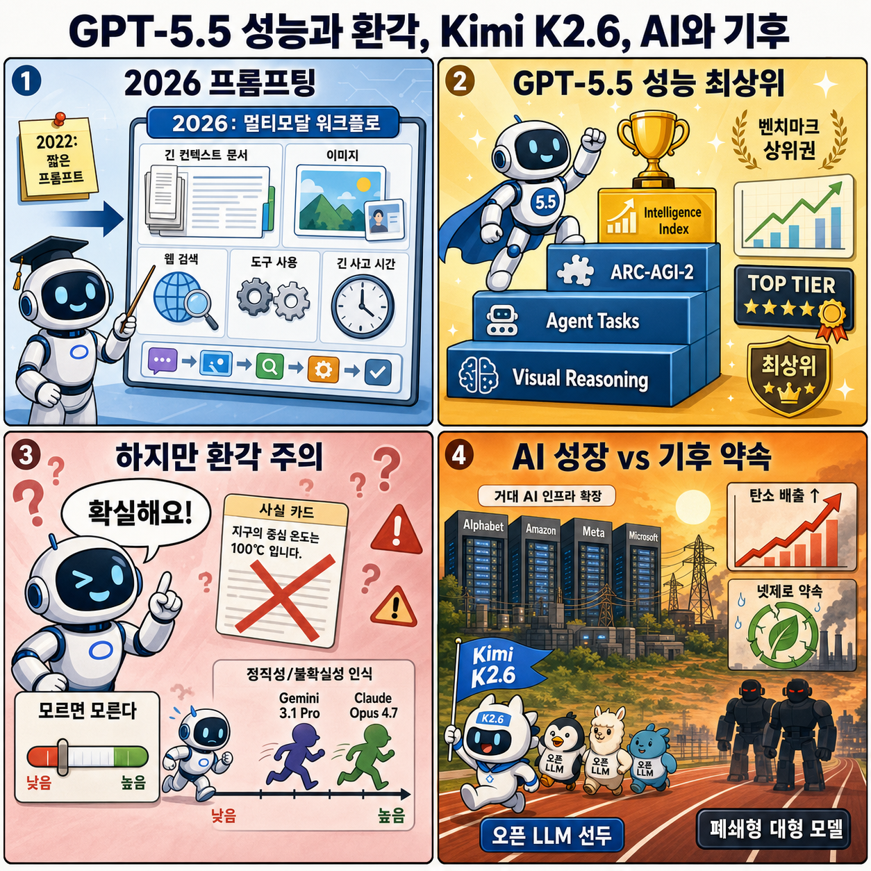 GPT-5.5 Outperforms (and Hallucinates), Kimi K2.6 Leads Open LLMs, AI Strains Climate Pledges, and more... 내용을 설명하는 본문 이미지