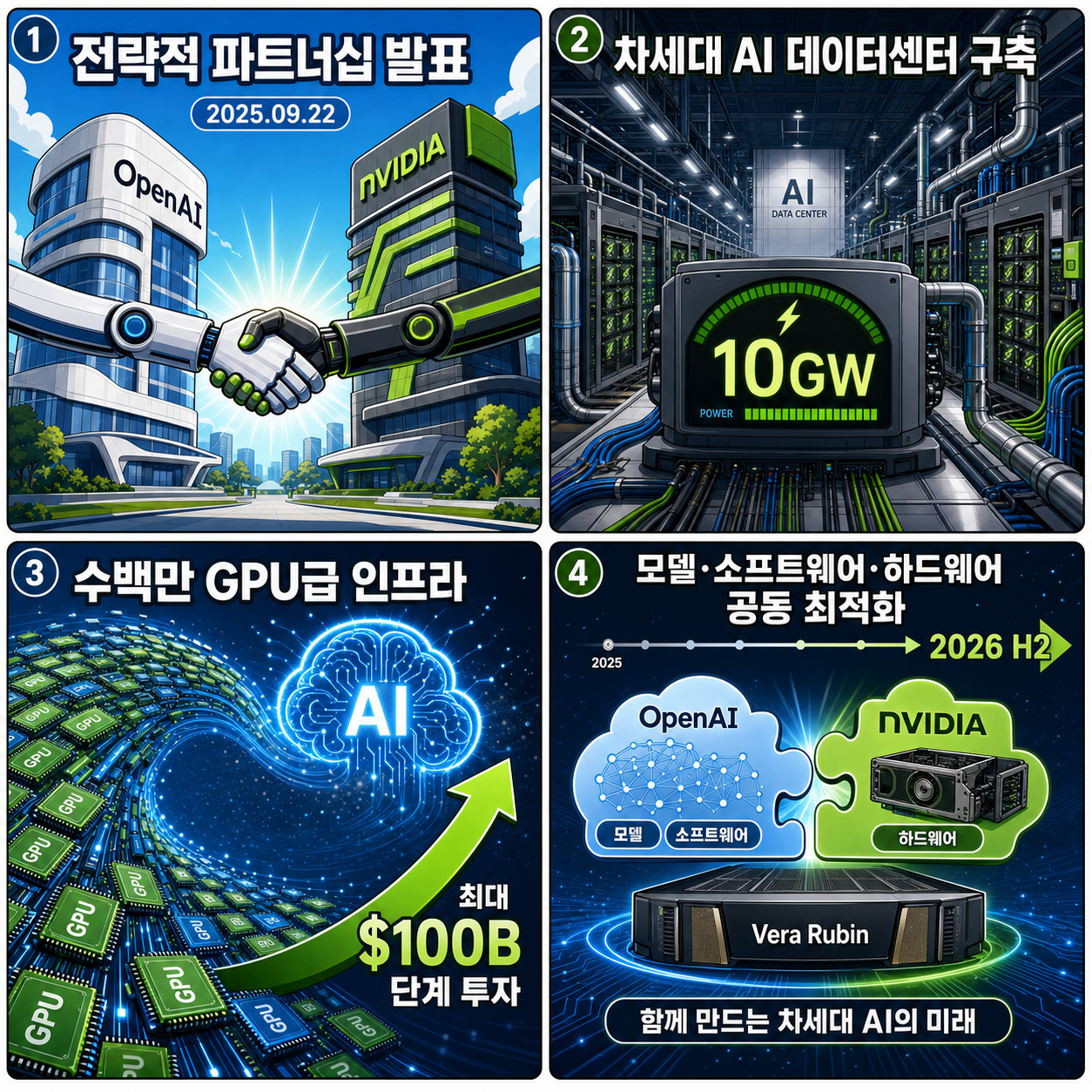 OpenAI and NVIDIA announce strategic partnership to deploy 10 gigawatts of NVIDIA systems 내용을 설명하는 본문 이미지