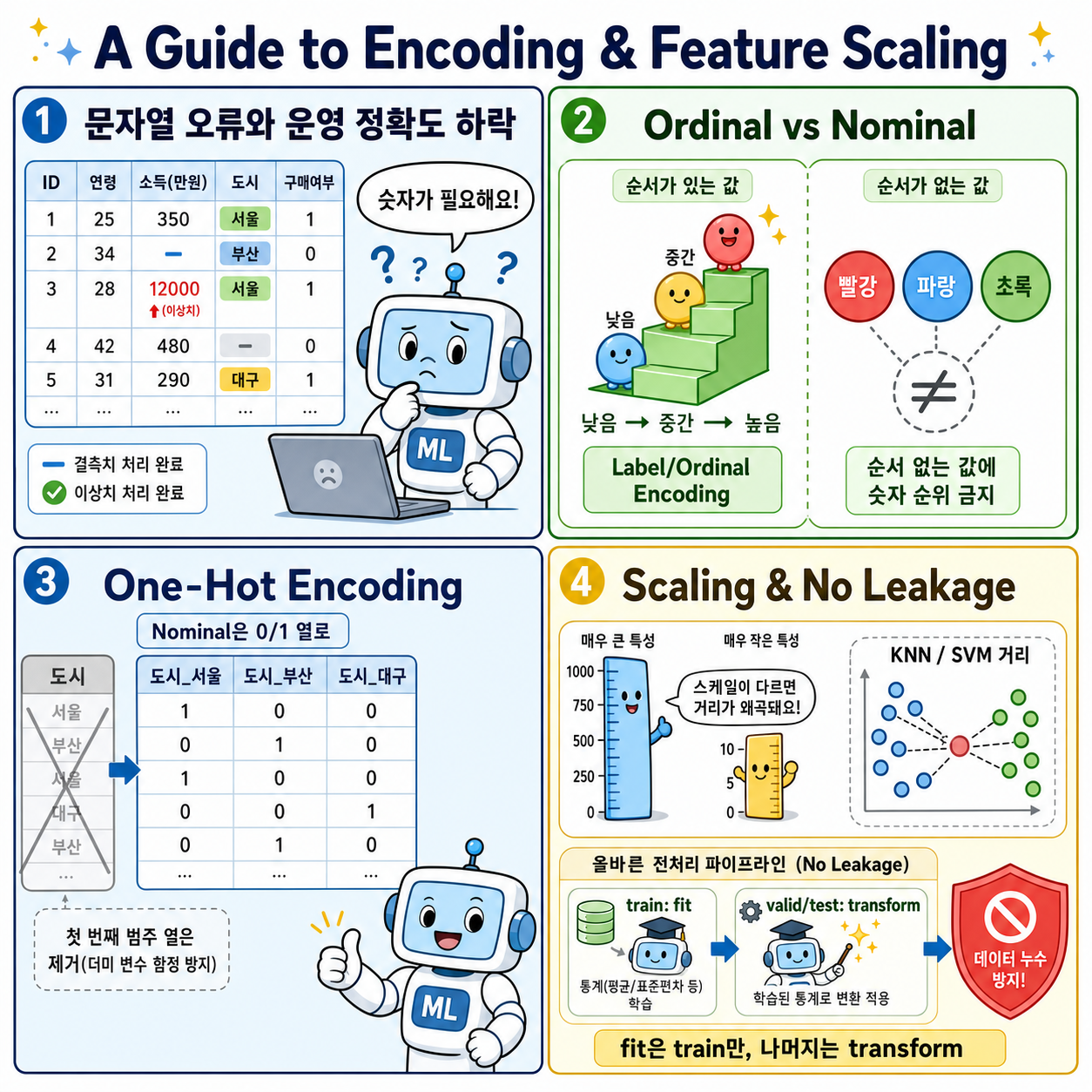 A Guide to Encoding & Feature Scaling 내용을 설명하는 본문 이미지