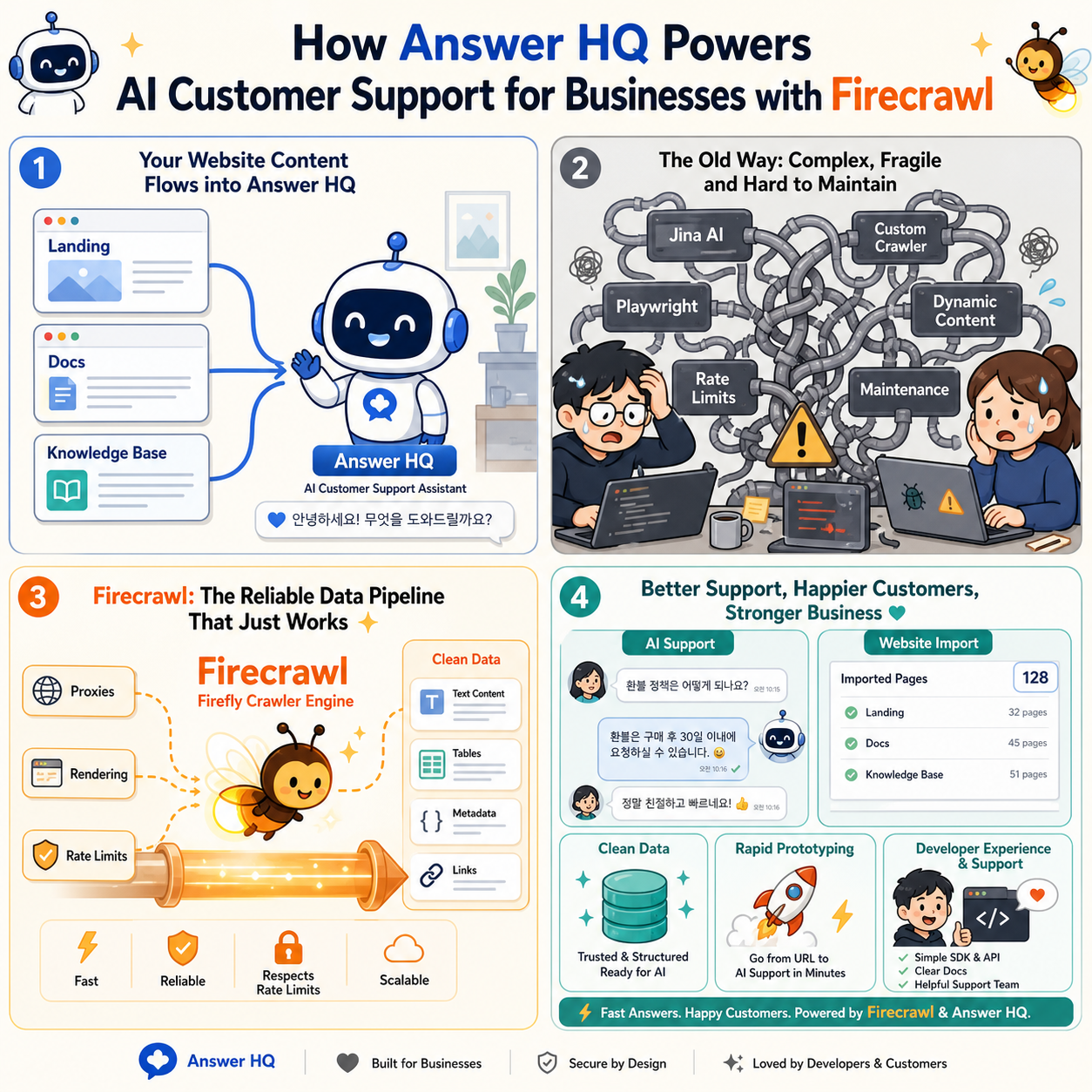 How Answer HQ Powers AI Customer Support for Businesses with Firecrawl 내용을 설명하는 본문 이미지