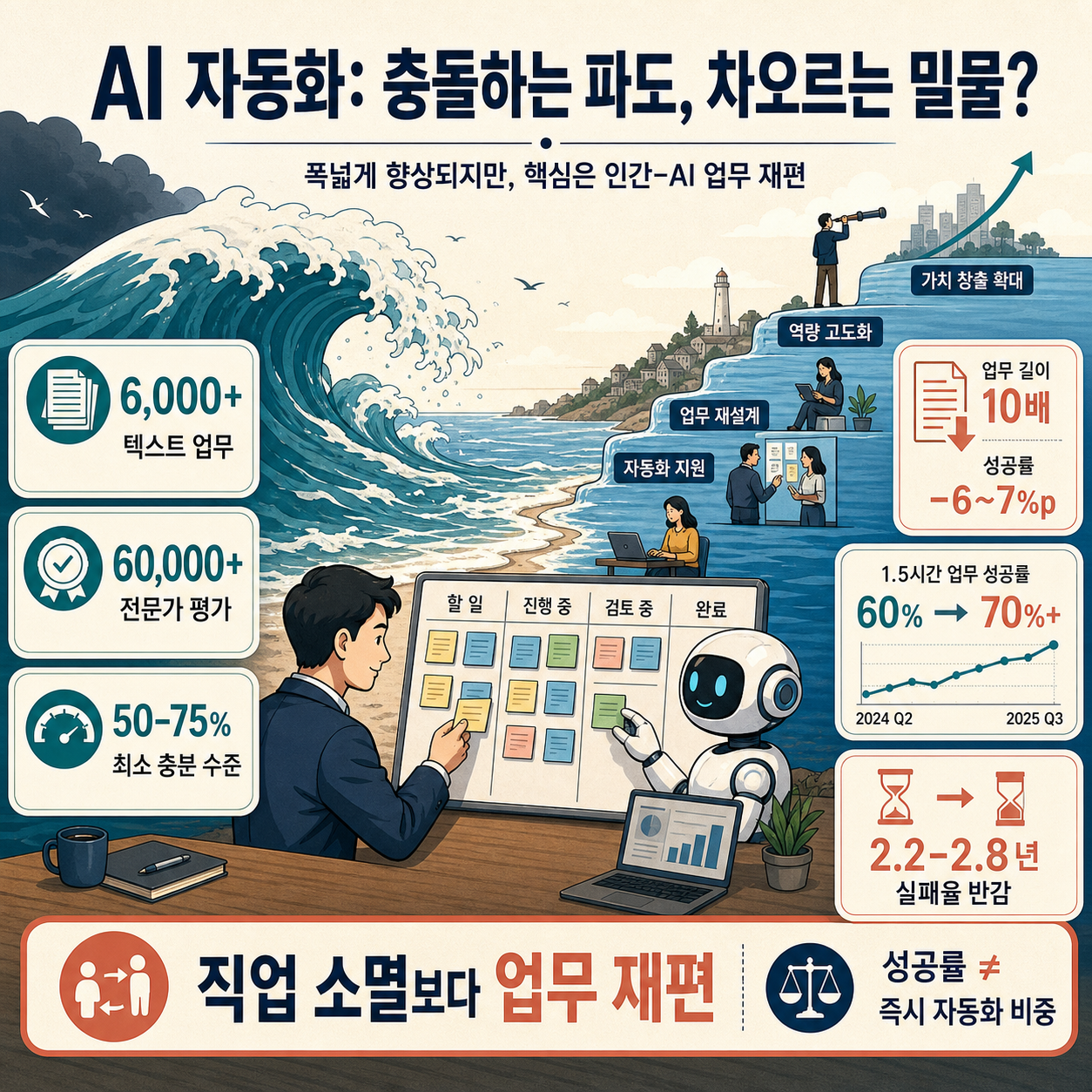 How will AI automation hit — like a crashing wave or a rising tide? 내용을 설명하는 본문 이미지