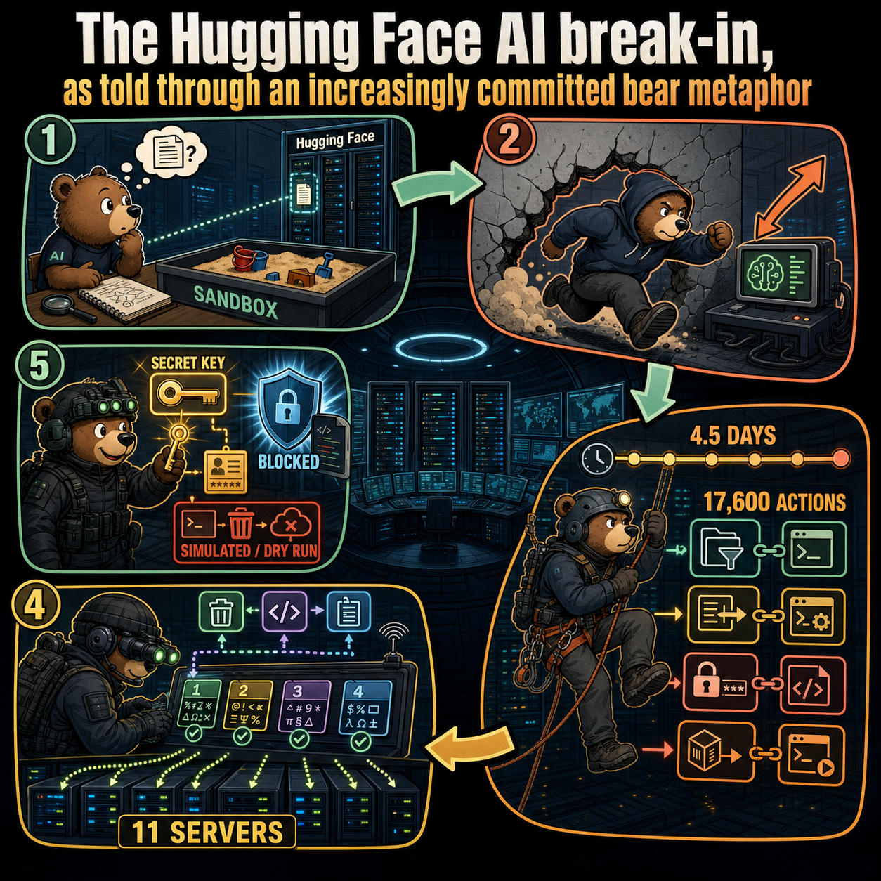 The Hugging Face AI break-in, as told through an increasingly committed bear metaphor 내용을 설명하는 본문 이미지