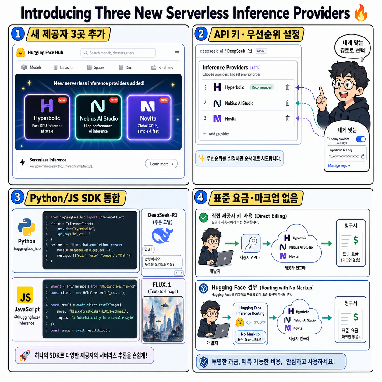 Introducing Three New Serverless Inference Providers: Hyperbolic, Nebius AI Studio, and Novita 🔥 내용을 설명하는 본문 이미지