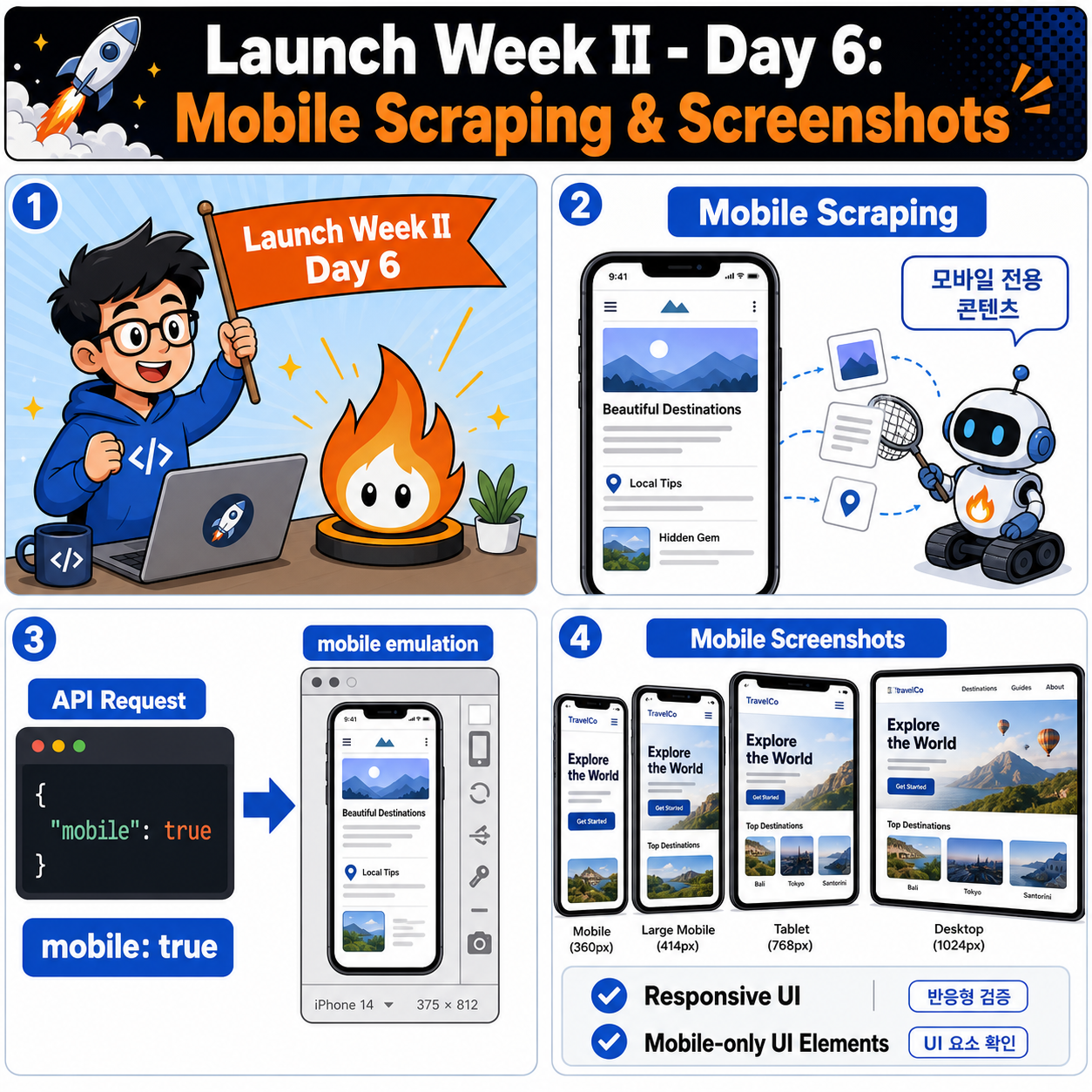 Launch Week II - Day 6: Announcing Mobile Scraping and Screenshots 내용을 설명하는 본문 이미지