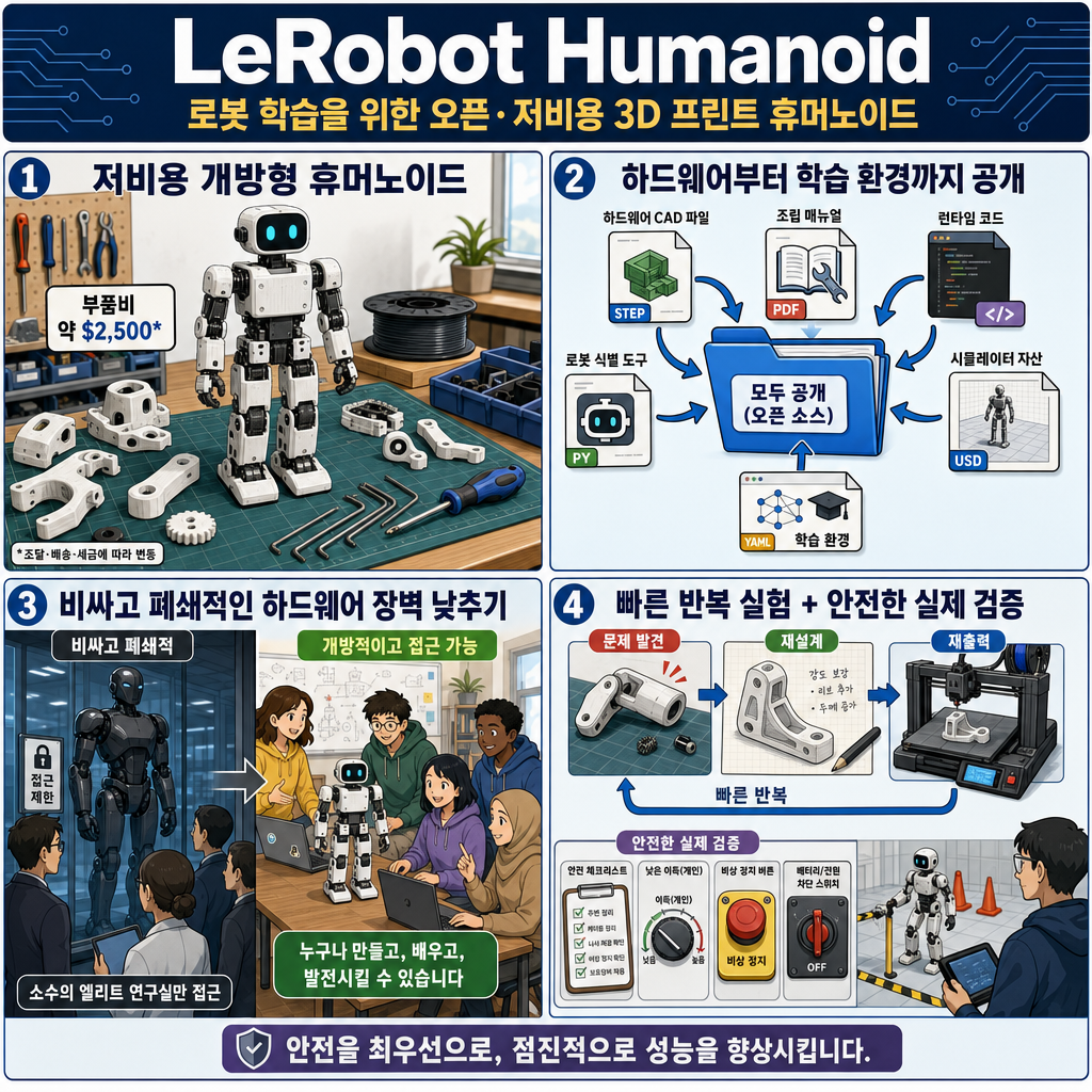 LeRobot Humanoid: An Open, Low-Cost, 3D-Printed Humanoid for Robot Learning 내용을 설명하는 본문 이미지