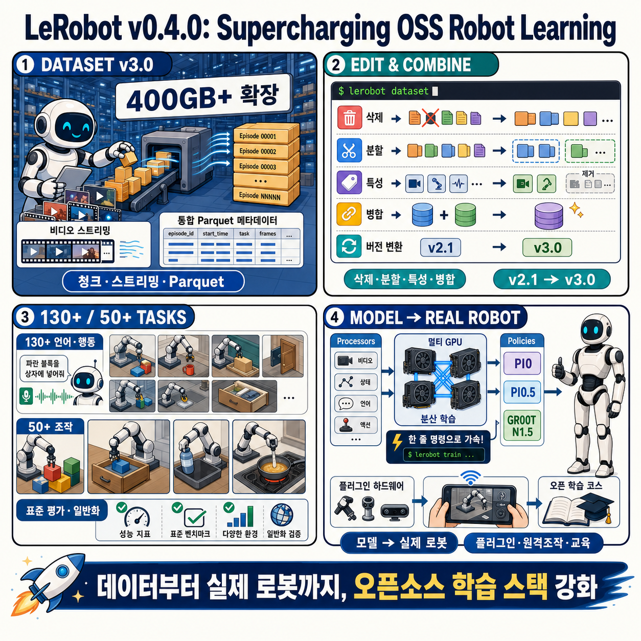 LeRobot v0.4.0: Supercharging OSS Robot Learning 내용을 설명하는 본문 이미지