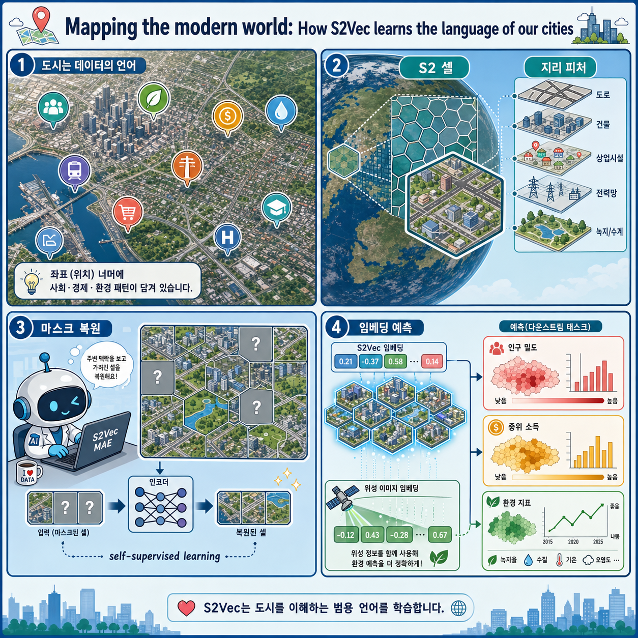 Mapping the modern world: How S2Vec learns the language of our cities 내용을 설명하는 본문 이미지