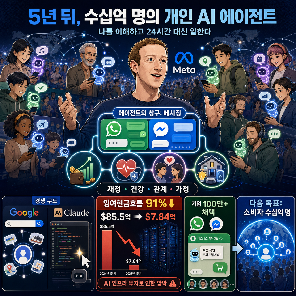 Mark Zuckerberg predicts that billions of people will have personal AI agents in five years 내용을 설명하는 본문 이미지