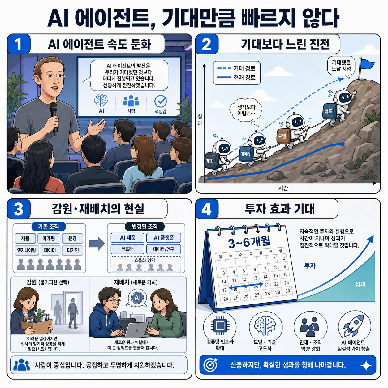 Mark Zuckerberg tells staff that AI agents haven't progressed as quickly as he'd hoped 내용을 설명하는 본문 이미지