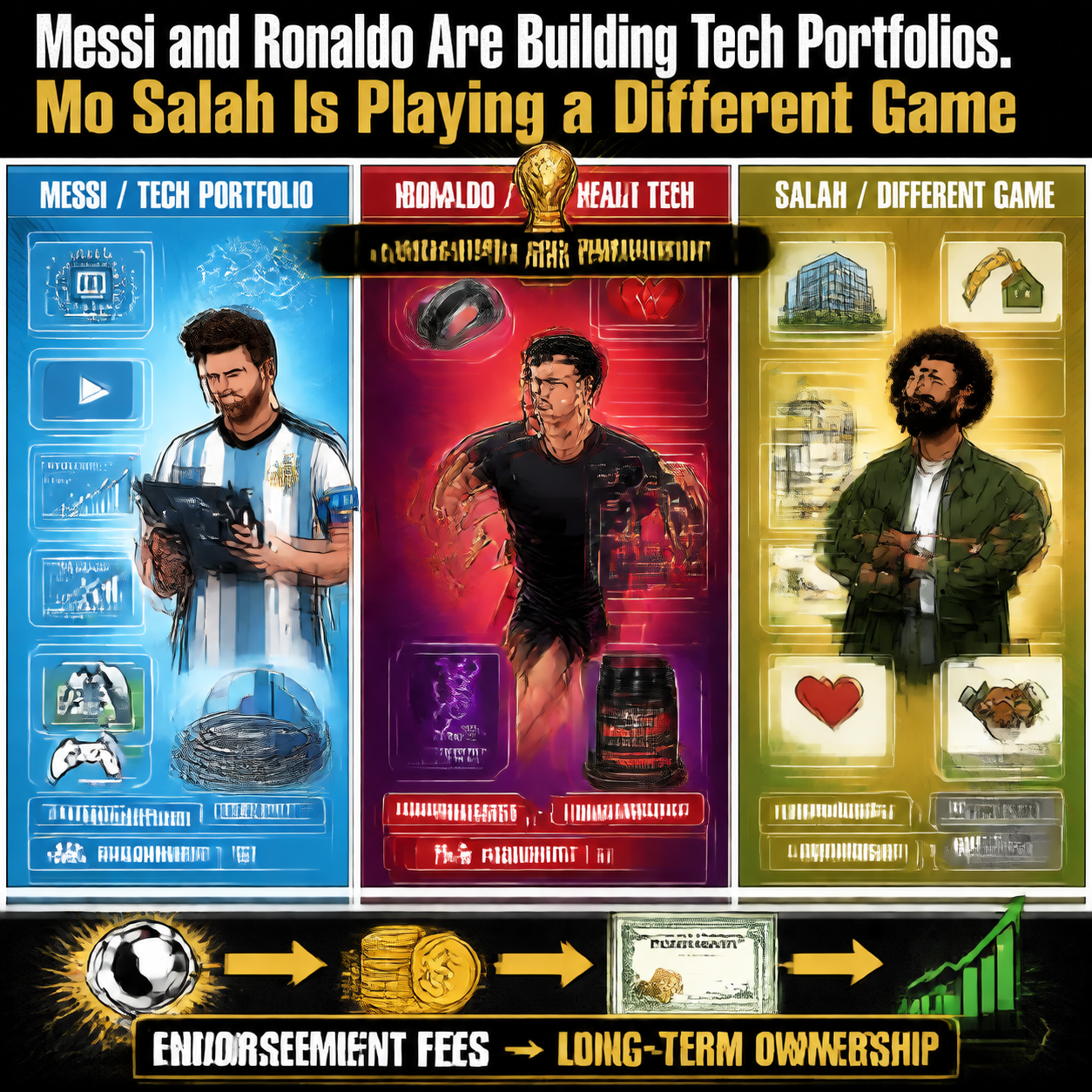 Messi and Ronaldo Are Building Tech Portfolios. Mo Salah Is Playing a Different Game 내용을 설명하는 본문 이미지