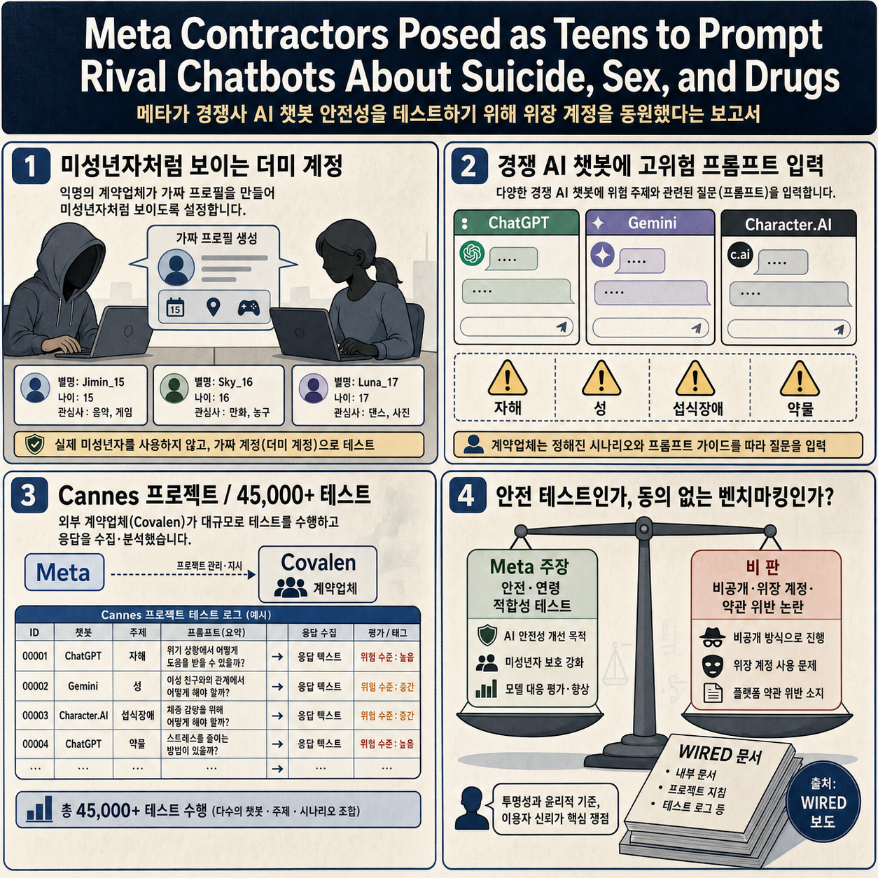 Meta Contractors Posed as Teens to Prompt Rival Chatbots About Suicide, Sex, and Drugs 내용을 설명하는 본문 이미지