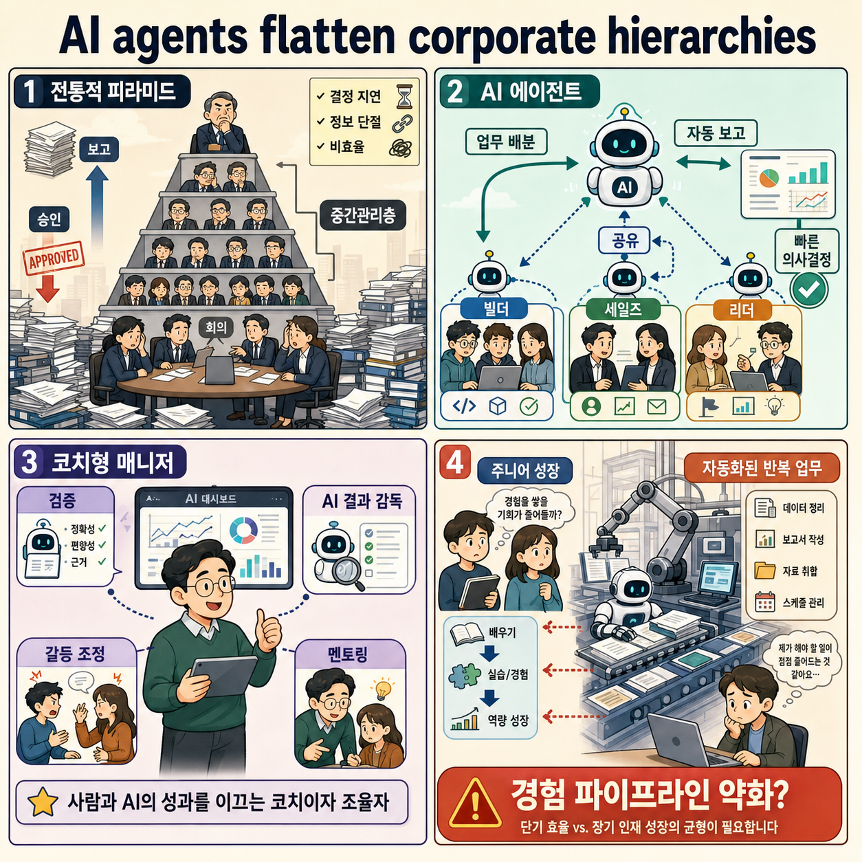 AI agents are flattening corporate hierarchies. Here’s how companies—and managers—can develop a new playbook 내용을 설명하는 본문 이미지
