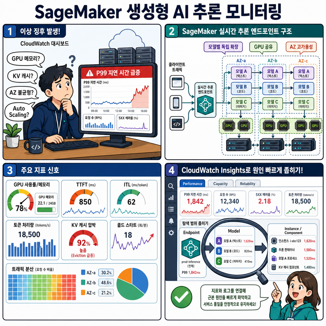 Monitor and debug generative AI inference with SageMaker detailed metrics and Insights dashboard on CloudWatch 내용을 설명하는 본문 이미지